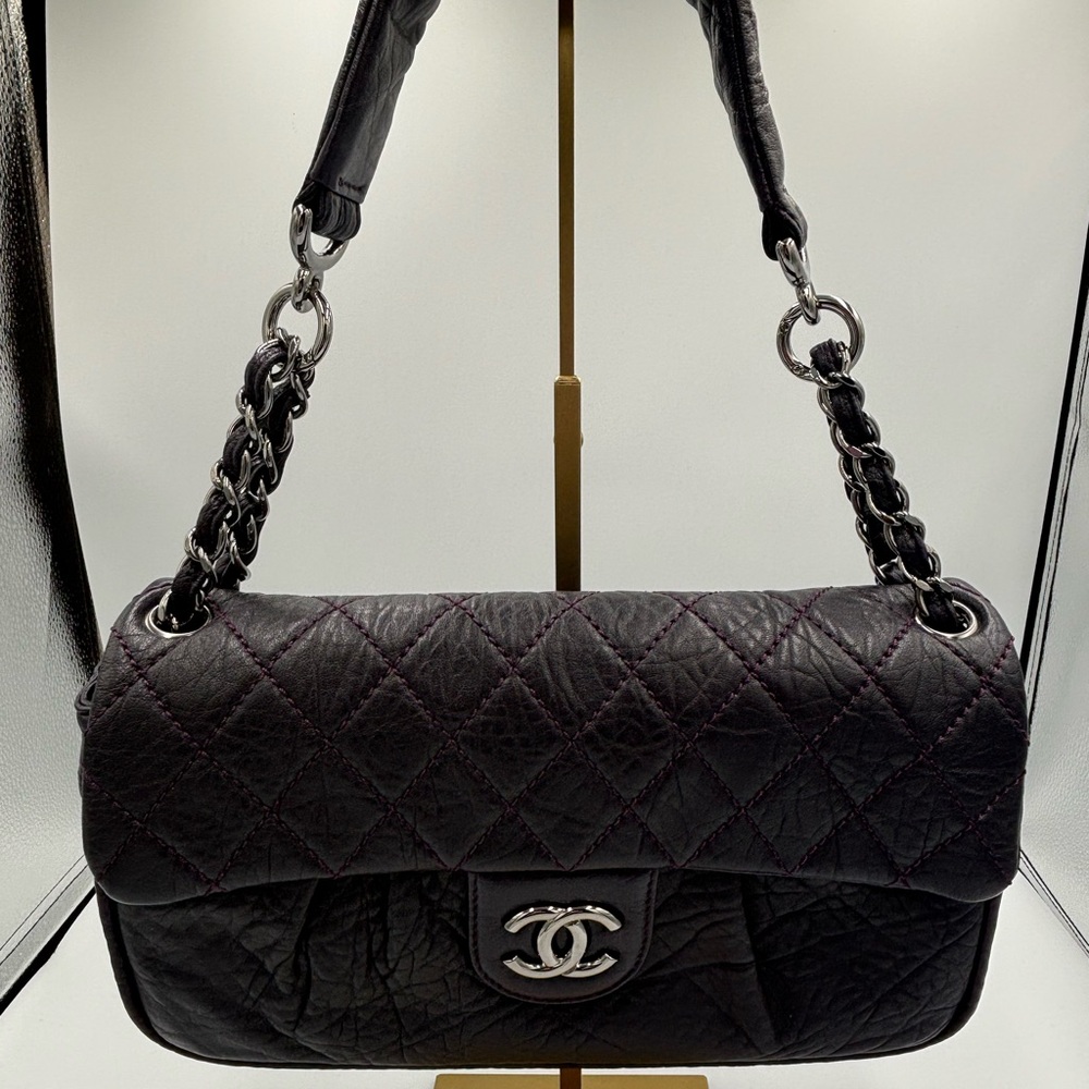 NWT Chanel Black Cloquee Flap Bag with purple accents